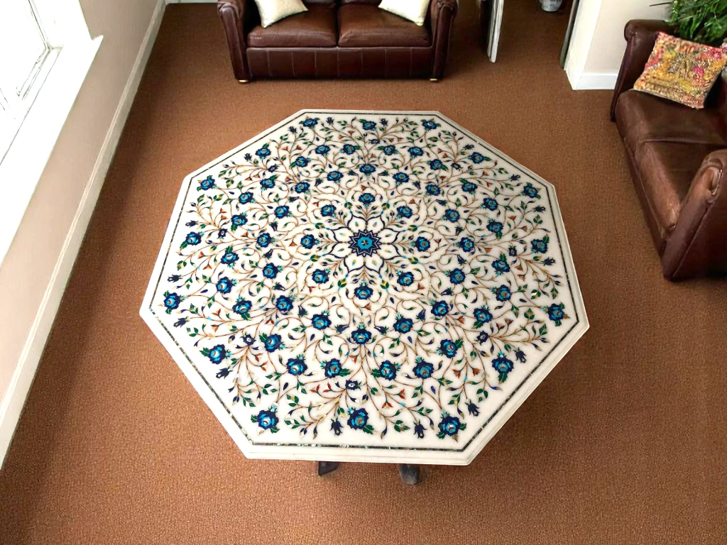 Octagonal Marble Living Room Table - Parchin kari 17th Century Mughal Art 